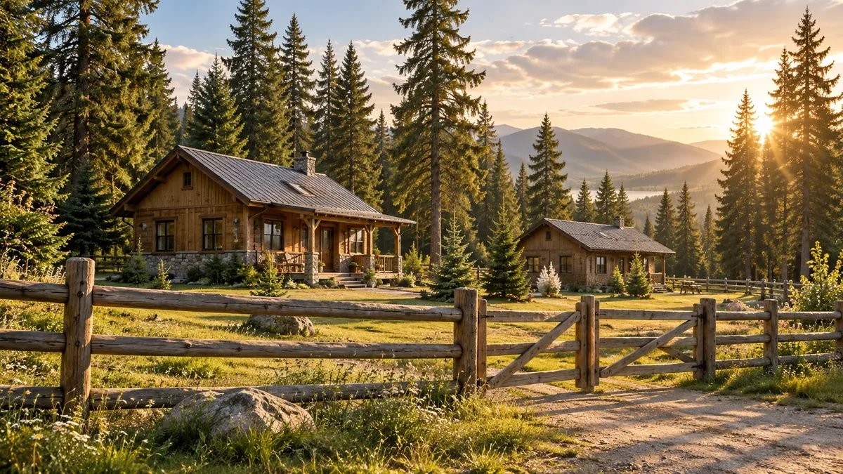 Ilustracyjny widok domków wśród drzew